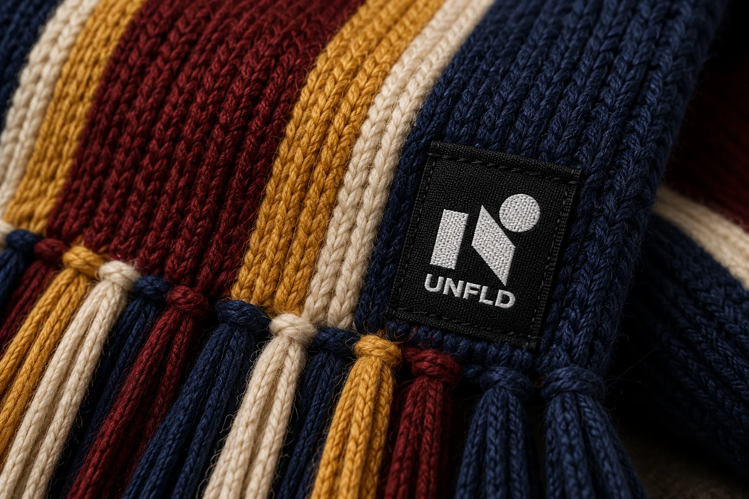 Black and white UNFLD woven label on scarf